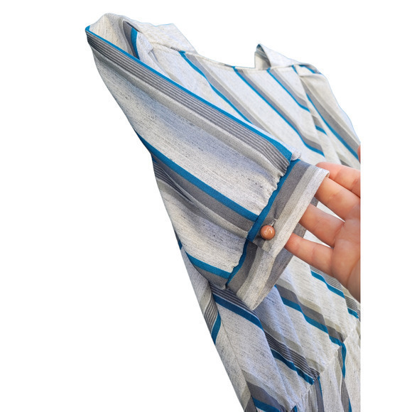 Vintage 70s Blue Gray Striped, Square Neck Flowy, Short Puffy Sleeve Midi Dress - Picture 4 of 9